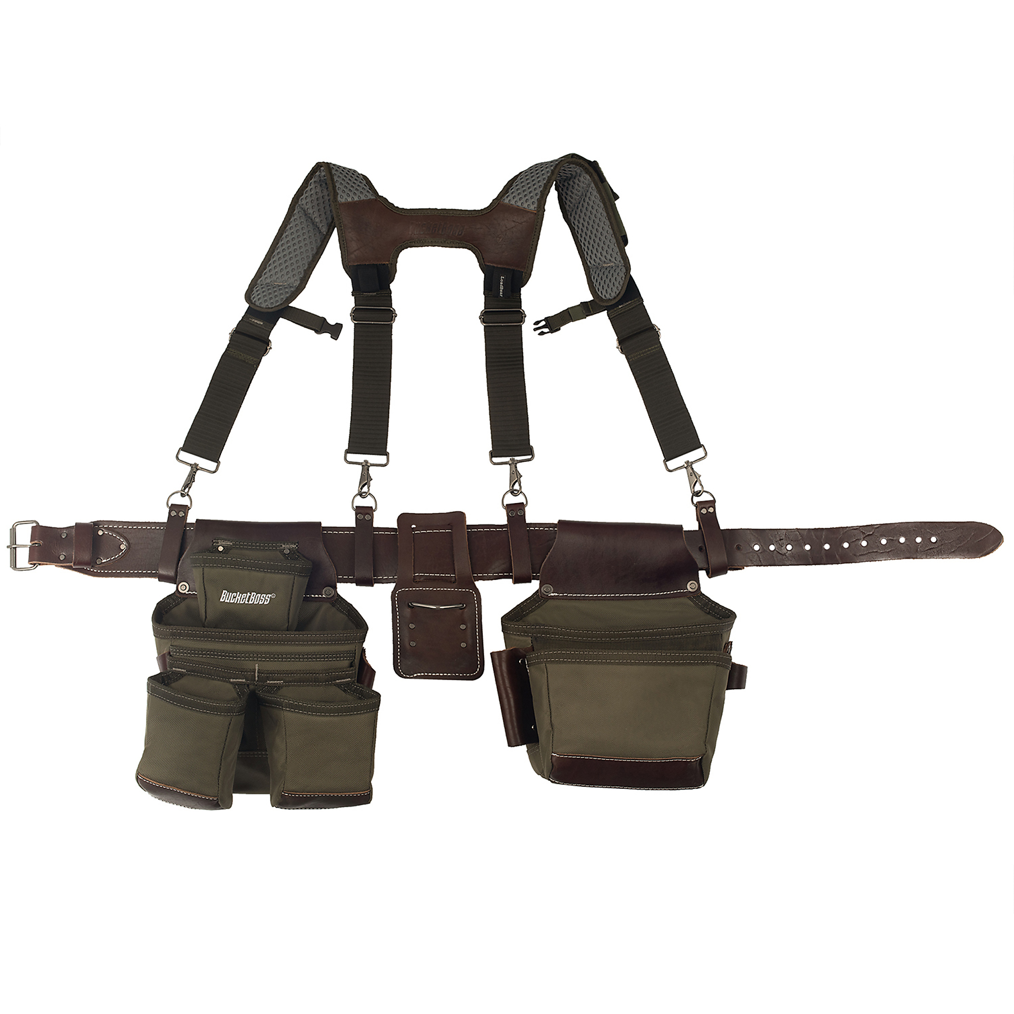 Bucket Boss, Tool Belt with Suspenders, Color Green, Pockets (qty.) 19 Material Leather, Model# 55505-GR